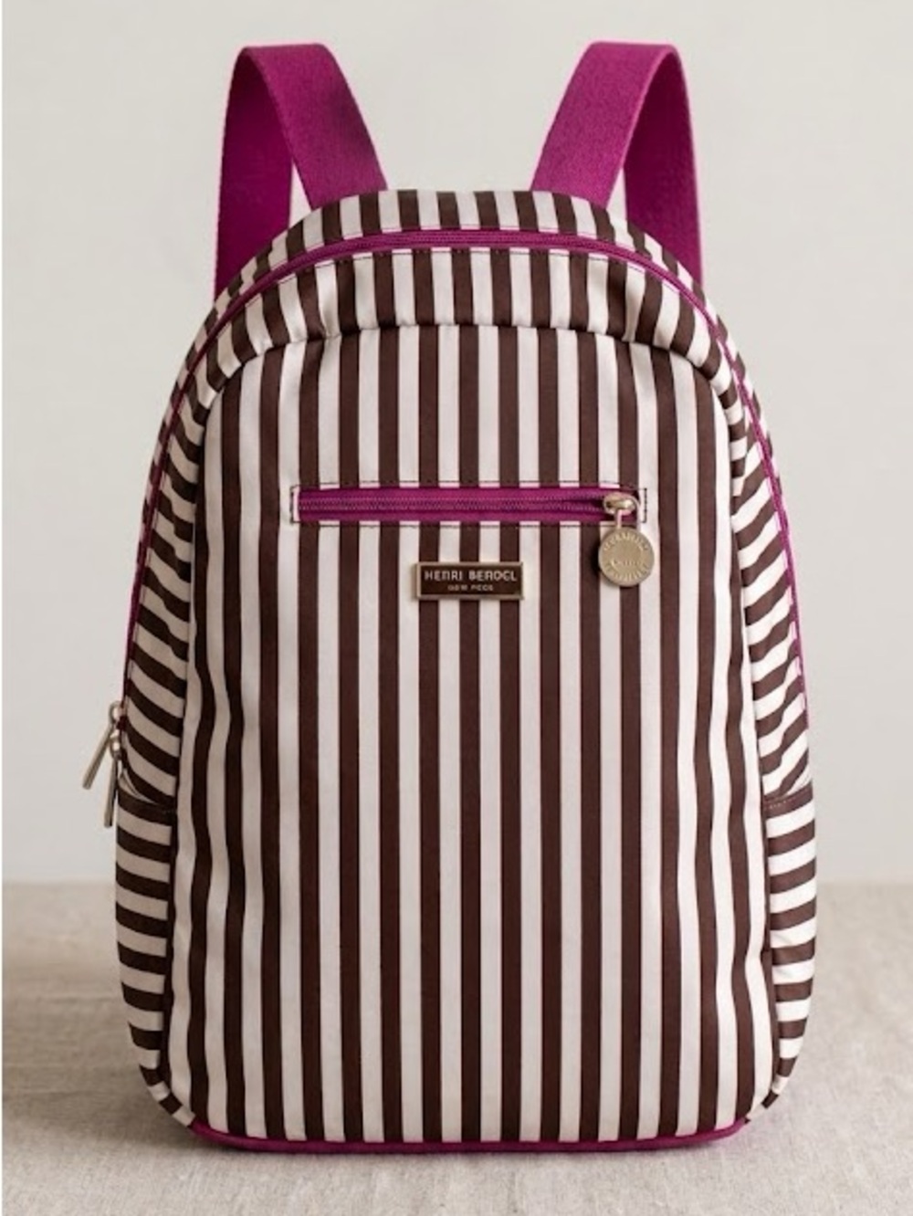 henri bendel Brown & White Striped Backpack with Pink Trim